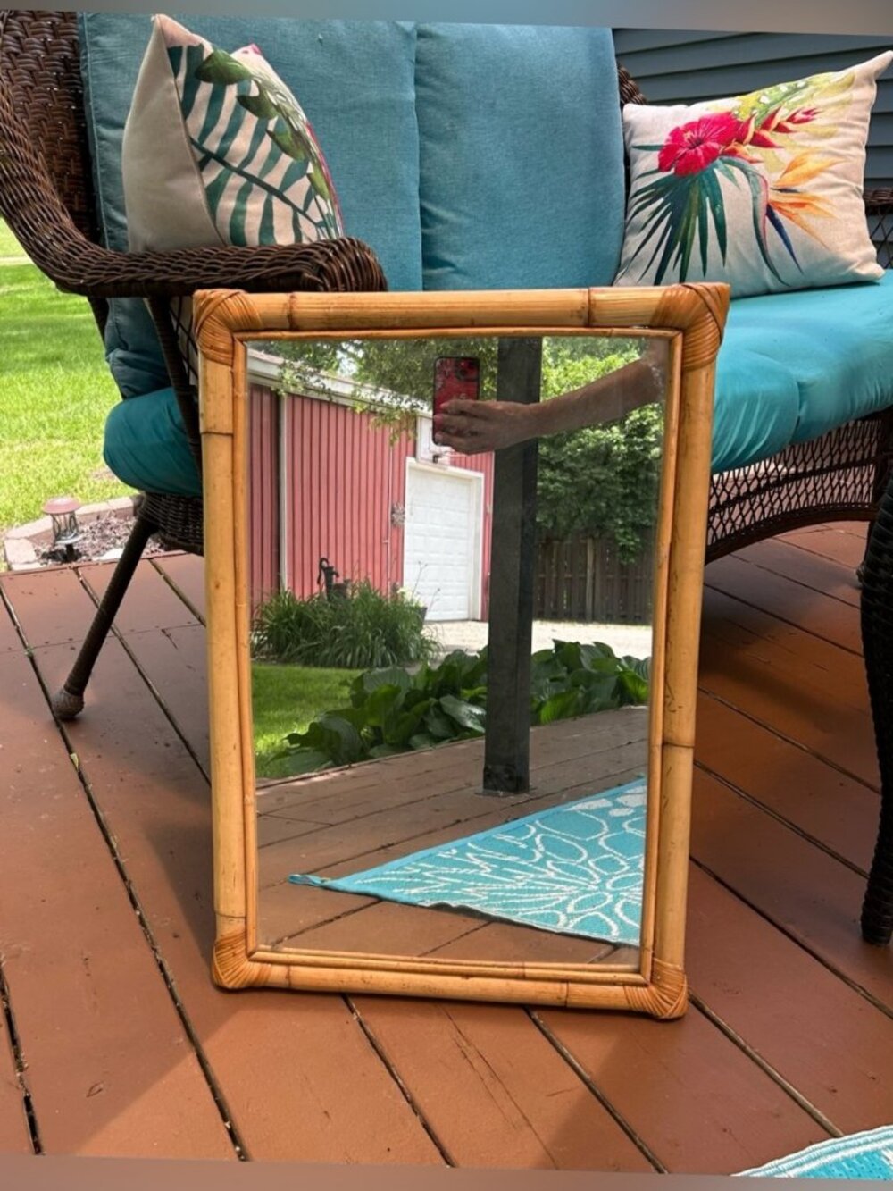 Vintage MCM 24.5" Genuine Natural Bamboo Tiki Cane Rattan Hanging Wall Mirror